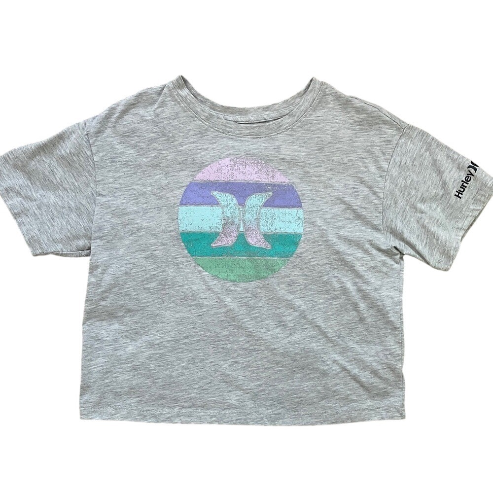 Hurley Women's Gray Cropped Tee with Colorful Pastel Logo
